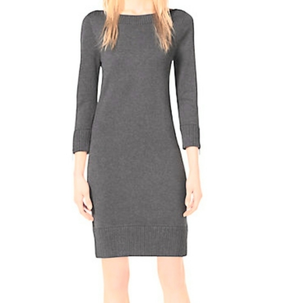 Michael Kors Bodycon Ribbed Knit Sweater Mini Dress Long Sleeve Light Gray